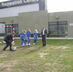 The launch of a plan for a football pitch for the first junior soccer team in Bannockburn, Victoria, brings out the politicians for a photo opportunity.
