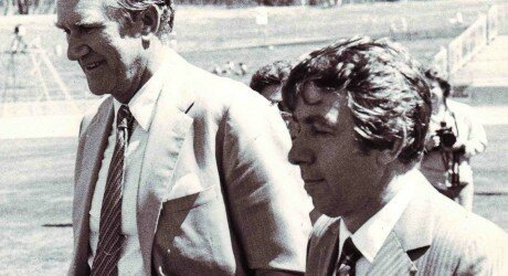 Malcolm Fraser and Frank Lowy prior to an NSL Cup final. Source: Les Shorrock collection, Deakin University Library